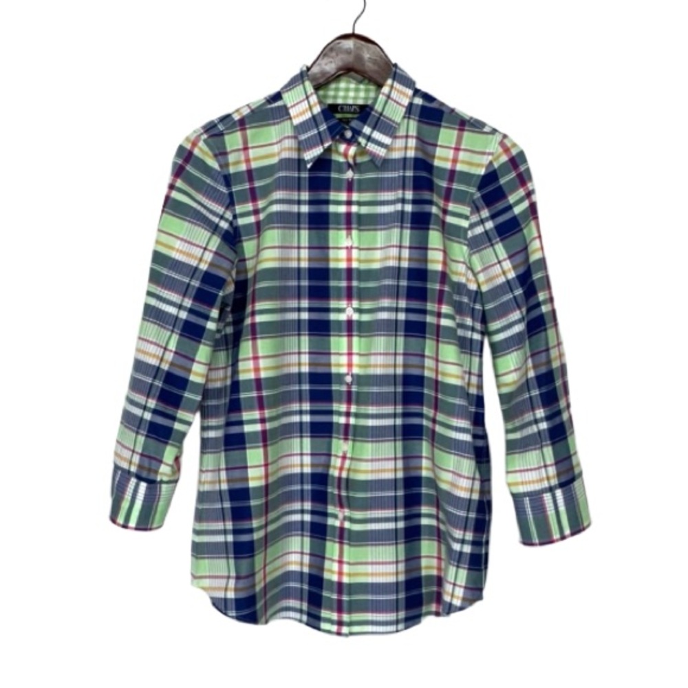 Chaps No Iron Preppy Spring Plaid Button Up Shirt Green Blue Pink Multi Size M